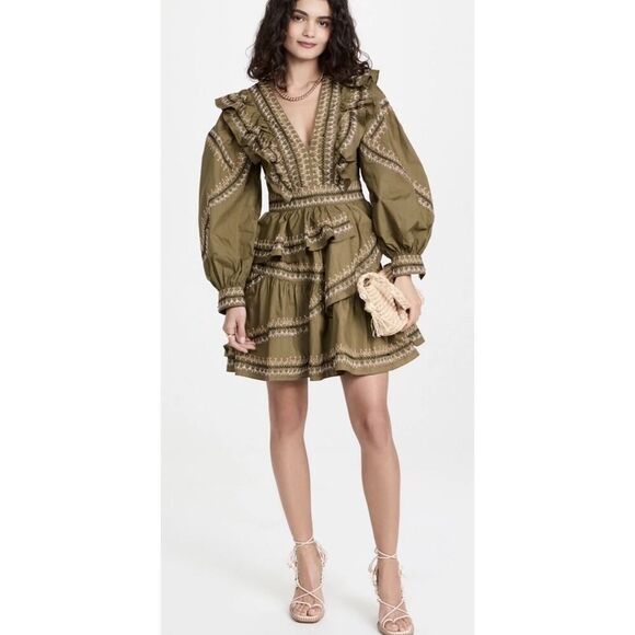 Ulla Johnson Olive Anais Embroidered Ruffle Mini Dress Size 6 Cotton Boho Chic - Picture 2 of 16